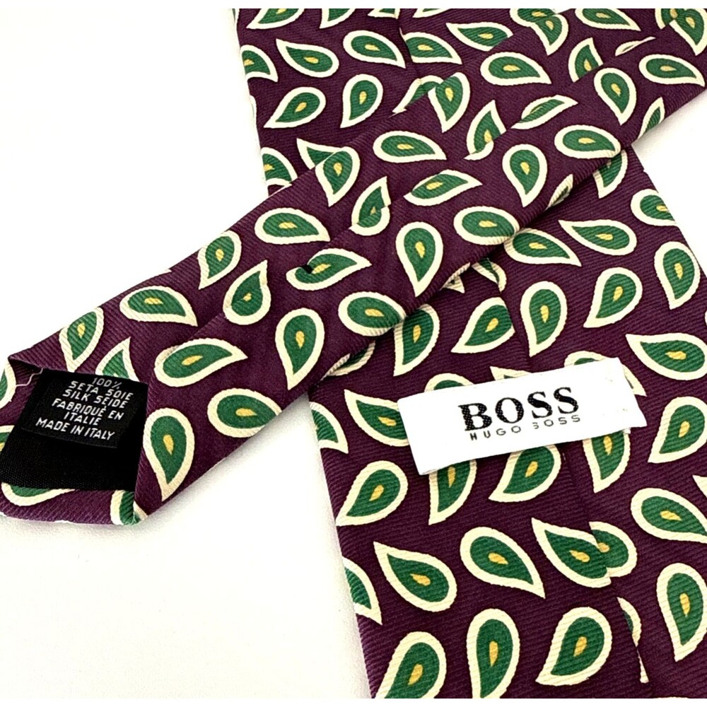 Hugo Boss Italian Silk Repp Tie Necktie Paisley Y2K 57x3.75 Purple Green Preppy - Picture 3 of 3